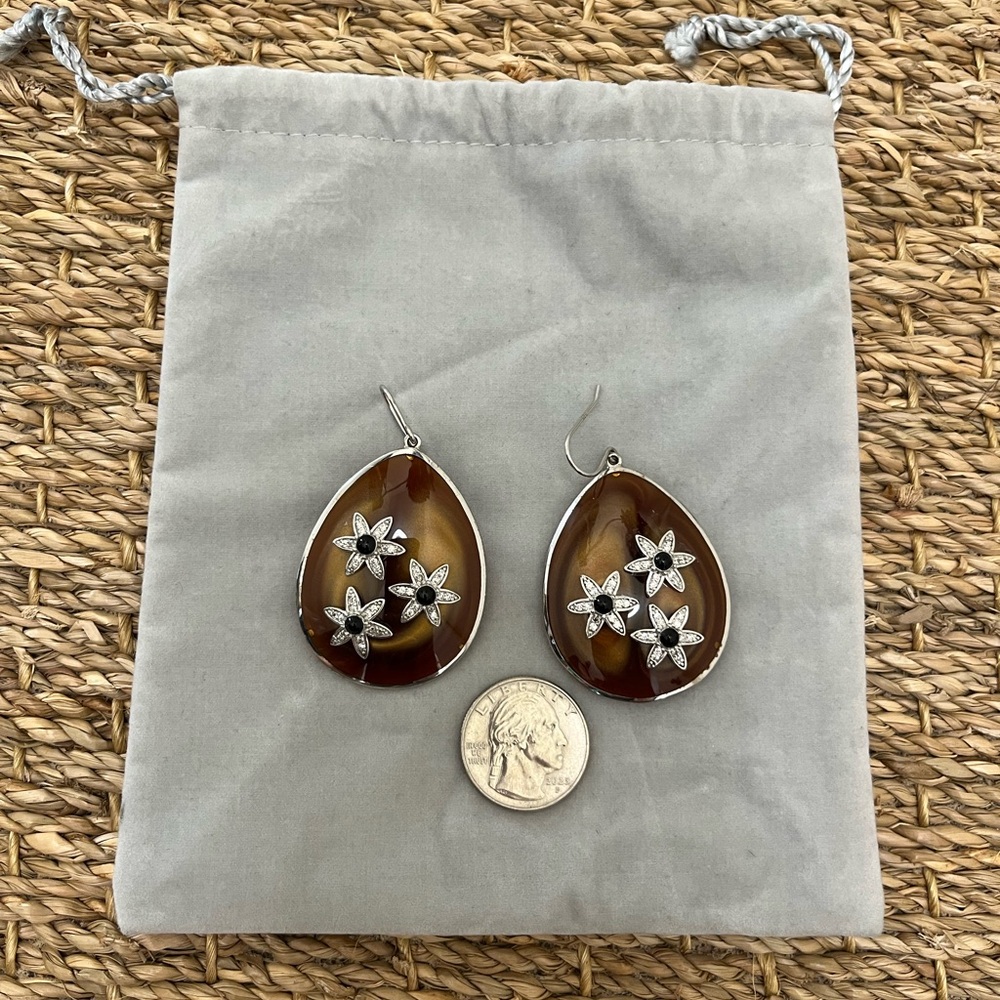 Miriam Salat Brown Tortoiseshell, Silver & Rhinestone Floral Teardrop Earrings